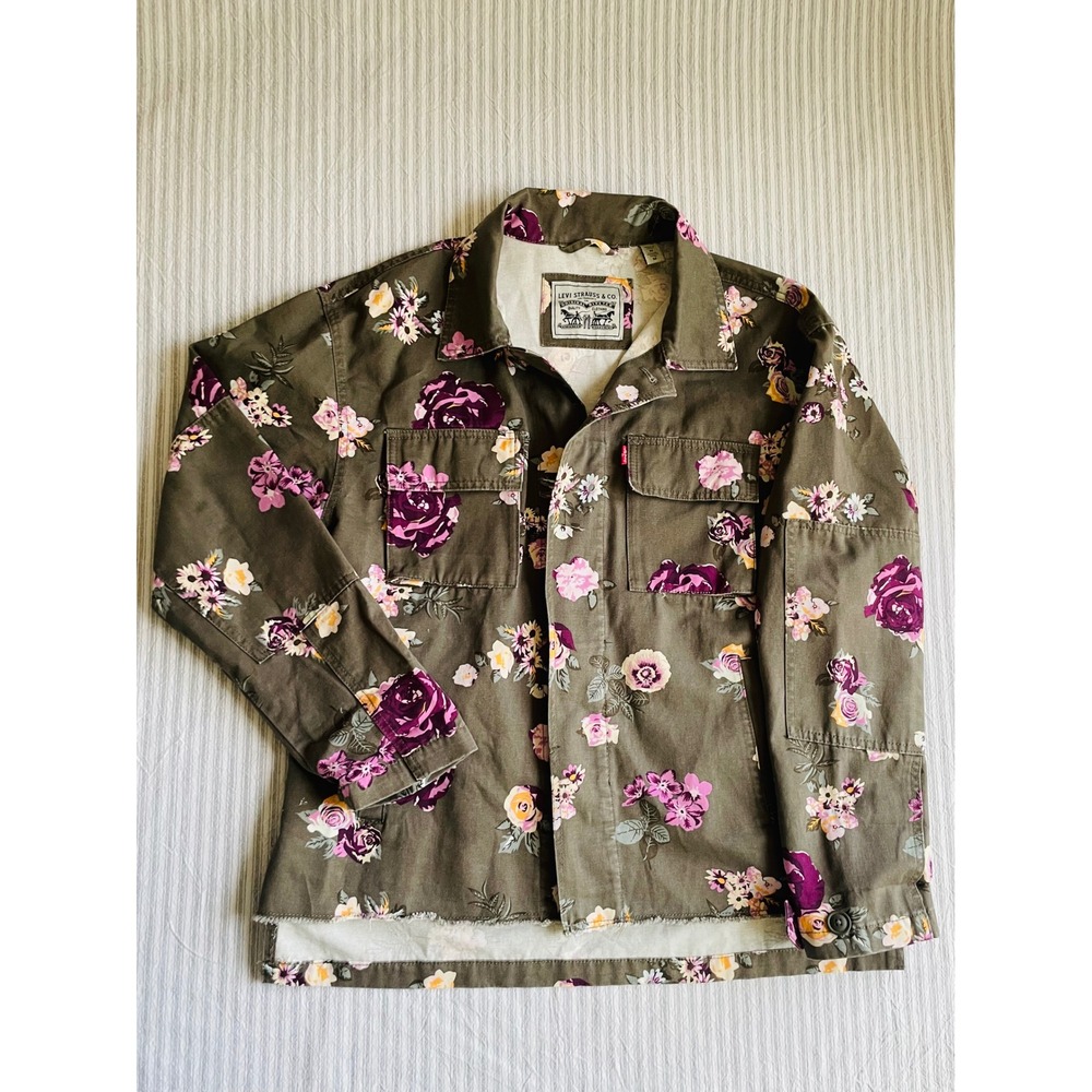 Levis Womens Floral Utility Field Jacket Olive Green Purple Pink Cotton Size M